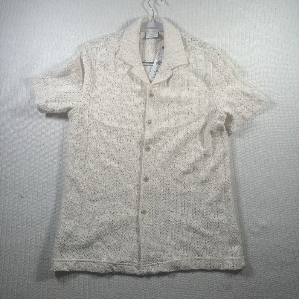 MNG Mango Men’s XL Cream Knit Button Up Shirt Short Sleeve Textured Camp Collar